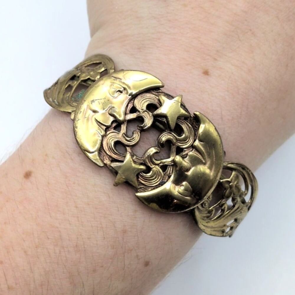 Vintage Gold Tone Whimsigoth Celestial Crescent Moon Face Stars Cuff Bracelet